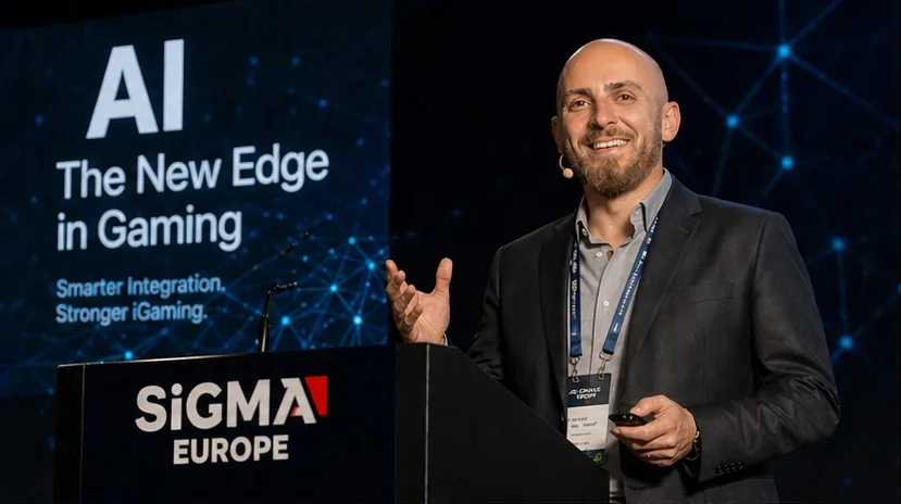 Keith Zammit speaking on stage at SiGMA Europe