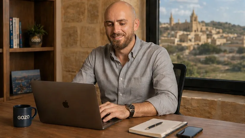 Keith Zammit working at a desk in Gozo, the citadel visible through the window